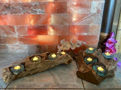 2 candle holders in a SET tealight holder for 4 candles each on root wood handmade unique LBH