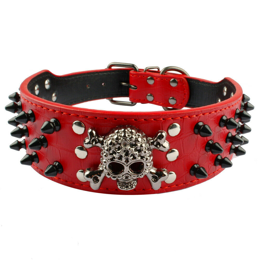 DOG COLLAR Bulzeye skullhead with rivets Red SIZE XL
